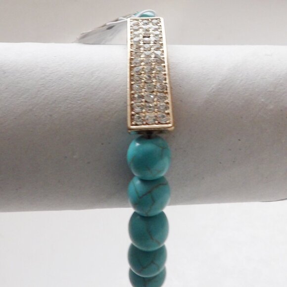 Cookie Lee NWT Turquoise Colored Bead Stretch Bracelet w/ Rhinestone Bar - Picture 6 of 10